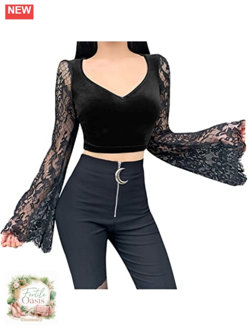 Women's Gothic Crop Top - Velvet Lace Long Sleeve V-Neck Grunge Punk